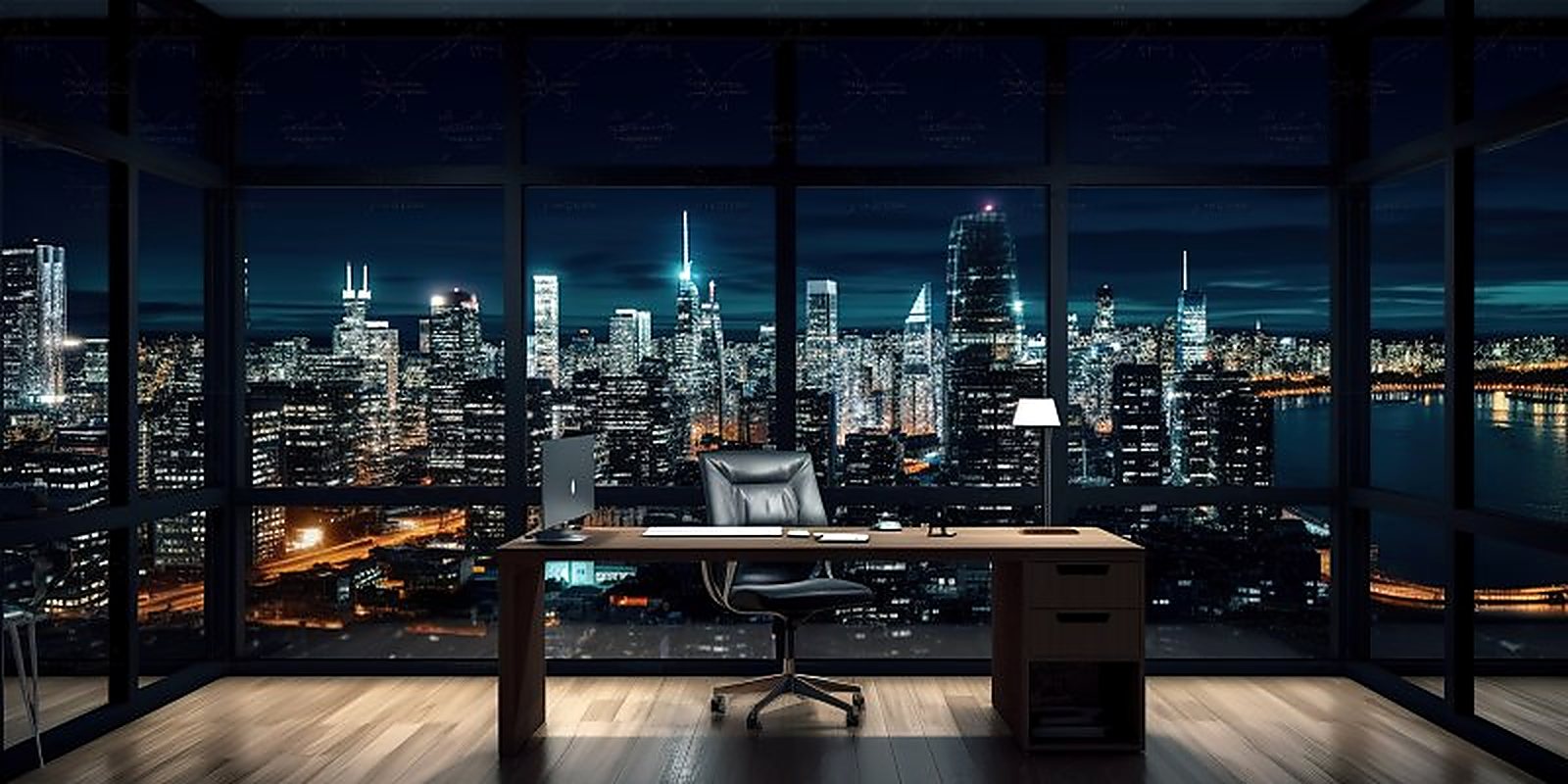 Buero bei Nacht mit raumhohen Fenstern und Blick auf eine beleuchtete Skyline.